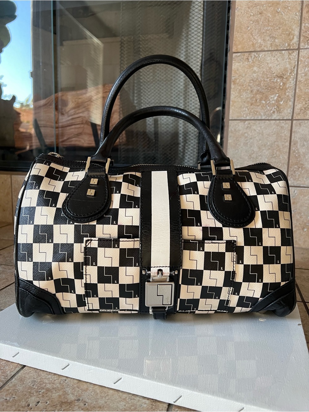 L.A.M.B Satchel Black & White Geometric Satchel Handbag- Rare hard to find